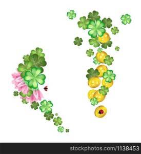 Vector composition of flowers and leaves of clover with gold coins. Isolated objects. Transparent background.