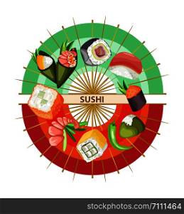 Vector composition on a transparent background. Sushi on color fans.