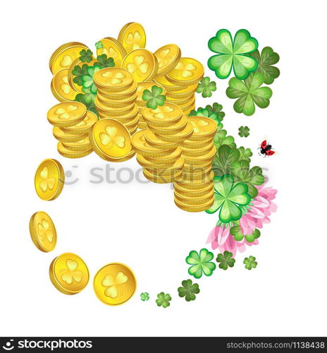 Vector composition with a clover leaves and flowers with splashes of gold coins and a ladybugs for the celebration of St. Patrick&rsquo;s Day. Transparent background