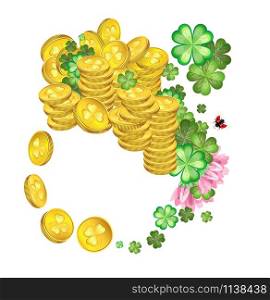 Vector composition with a clover leaves and flowers with splashes of gold coins and a ladybugs for the celebration of St. Patrick&rsquo;s Day. Transparent background