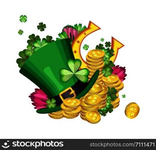 Vector composition with a Leprechaun hat, clover leaves and flowers with splashes of gold coins and a horseshoe in the background for the celebration of St. Patrick&rsquo;s Day. Transparent background