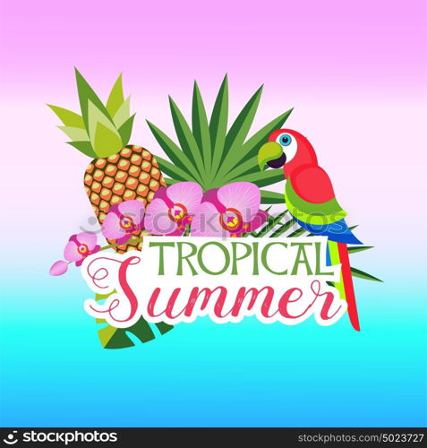 Vector composition with exotic flowers, Orchid, pineapple and bright parrot.