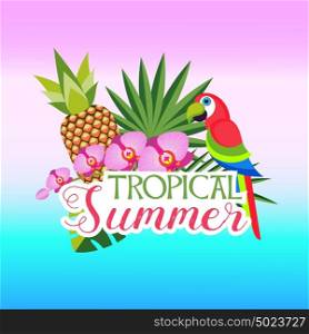 Vector composition with exotic flowers, Orchid, pineapple and bright parrot.