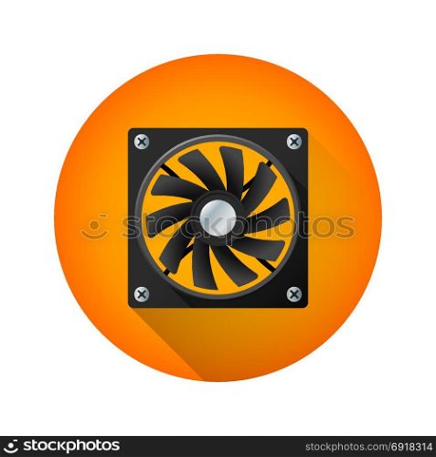 vector computer air fan cooler. vector colorful flat design computer air fan cooler device illustration with long shadow isolated circle orange icon on white background
