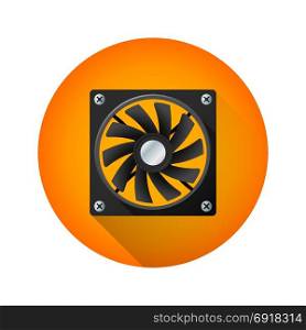 vector computer air fan cooler. vector colorful flat design computer air fan cooler device illustration with long shadow isolated circle orange icon on white background