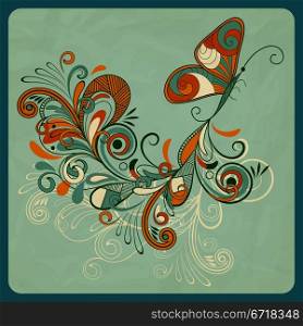 vector concept butterfly and abstract branch on crumpled paper texture, eps 10, mesh
