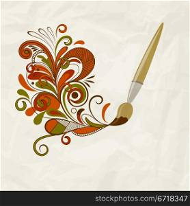 vector concept cartoon brush painting floral design element on crumpled paper texture, eps 10, mesh
