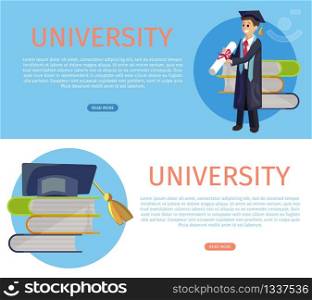 Vector Concept Illustration Cartoon Happy Students. Banner Image Set Web Page Concept University. Textbook, Academic Hat. Smiling Student Holding Diploma. On Blue and White Background