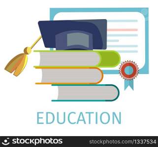 Vector Concept Illustration Cartoon Happy Students. Image Educational Book and Academic Hat, Diploma with Seal. Set Textbook Student National University. Isolated on White Background
