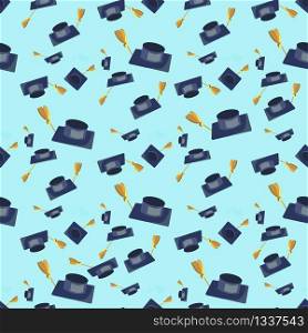 Vector Concept Illustration Cartoon Happy Students. Seamless Image Pattern Set Flying Academic Hat Isolated on Blue Background. Graduation Celebration. Concept Gift Wrapping, Card, Paper bags