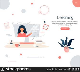 Vector concept illustration for e-learning, online courses, virtual classroom and other educational process. Personal online tutor mentoring. Landing page. Vector concept illustration for e-learning