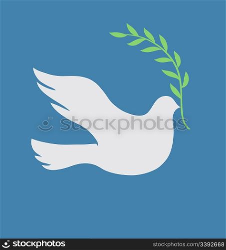 Vector Concept illustration of Beautiful white dove in flight holding an Olive Branch