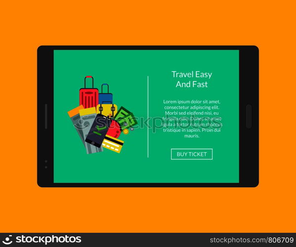 Vector concept illustration of webpage for tablet with pile of flat travel elements and place for text. Vector concept illustration of webpage for tablet with flat travel elements