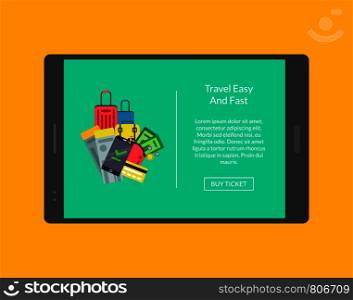Vector concept illustration of webpage for tablet with pile of flat travel elements and place for text. Vector concept illustration of webpage for tablet with flat travel elements
