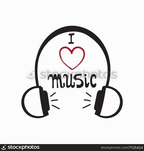 vector concept illustration with headphones and hand lettering text. I love music