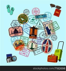 Vector concept illustration with post marks and immigration stamps all over the world and cartoon baggage, camera and flip flops. Passport stamp for tourism and journey illustration. Vector concept illustration with post marks and immigration stamps all over the world and cartoon baggage, camera and flip flops