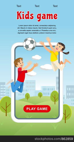 Vector Concept image Happy Kids Game Soccer Ball. Banner Vector Illustration of Cartoon Playing Boy and Girl with Soccer Ball in park. Happy Childhood. Family vacation Park