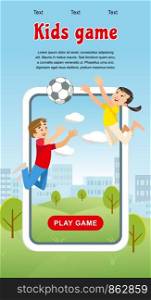 Vector Concept image Happy Kids Game Soccer Ball. Banner Vector Illustration of Cartoon Playing Boy and Girl with Soccer Ball in park. Happy Childhood. Family vacation Park