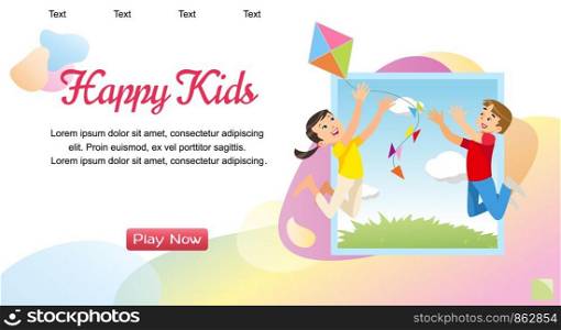 Vector Concept image Playing Happy Kids. Banner Vector Illustration of Cartoon Happy Playing Brother and Sister. Children play with a Kite. Family vacation Concept in Park