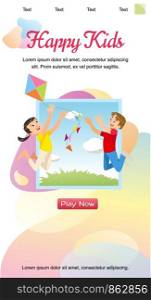 Vector Concept image Playing Happy Kids. Banner Vector Illustration of Cartoon Happy Playing Brother and Sister. Children Play with a Kite. Family vacation Concept in Park