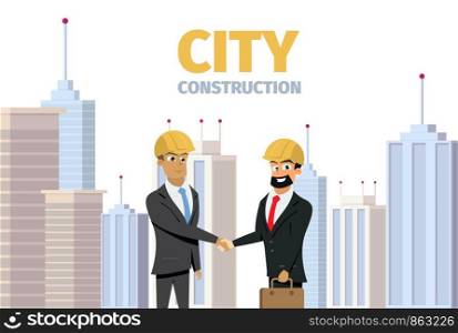 Vector Concept Modern City Construction Building. Vector Illustration Cartoon Men shaking hands City Background Isolated White Background. Two Men in Construction suits.