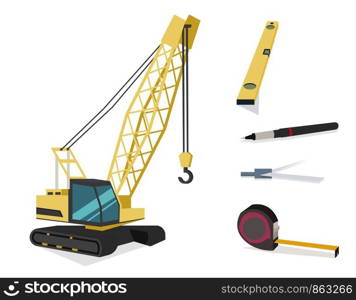 Vector Concept Modern City Construction Buildings. Vector Illustration Cartoon Construction Crane and Working Tools Worker. Isolated White Background. Equipment for Construction Commercial real Estate