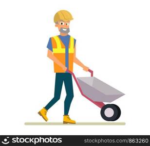 Vector Concept Modern City Construction Buildings. Vector Illustration Cartoon Construction Worker in Uniform with Trolley Isolated on White Background. Happy Smiling Builder in course his Work