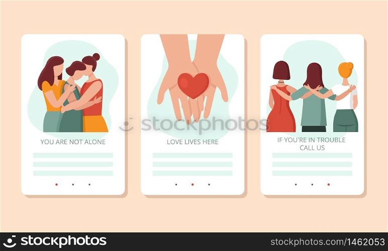 Vector concept of female support in difficult situations.Social problems,domestic and sexual violence against women, victimization,bullying.Landing page,mobile app,banner for site.Cartoon illustration