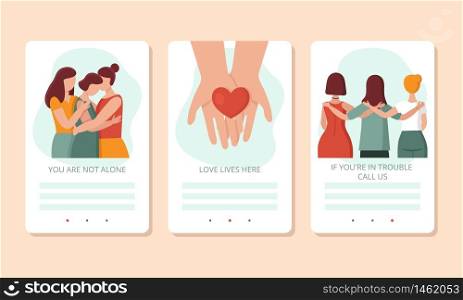 Vector concept of female support in difficult situations.Social problems,domestic and sexual violence against women, victimization,bullying.Landing page,mobile app,banner for site.Cartoon illustration