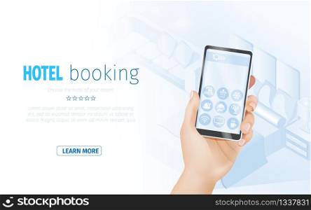 Vector Concept of Online Booking for Web Banner Design or Landing Page Template. Hand Holding Smartphone with Hotel offers icons on Screen. Mobile Application to choose Room on Digital Device. Online Hotel Booking Landing Page Template Banner