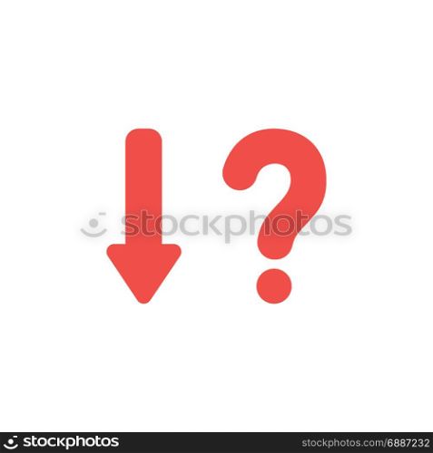 Vector concept of red arrow pointing down with red question mark on white background with flat design style.