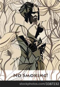 vector concept with young woman with a cigarette on abstract floral background, eps10