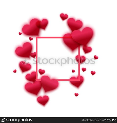 Vector confetti falling from pink blurred hearts on the white background. Love concept card background for Valentine&amp;#39;s day