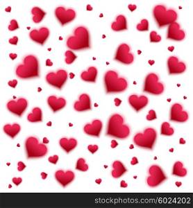 Vector confetti falling from pink blurred hearts on the white background. Love concept card background for Valentine&amp;#39;s day