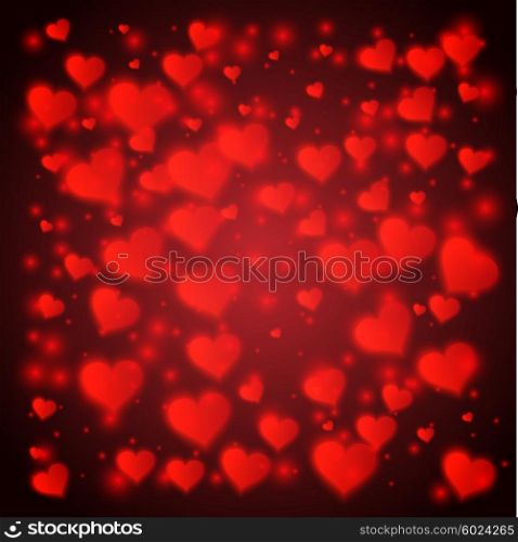 Vector confetti falling from red hearts blurred background. Love concept card background for Valentine&amp;#39;s day