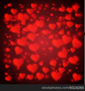 Vector confetti falling from red hearts blurred background. Love concept card background for Valentine&amp;#39;s day