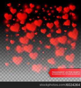 Vector confetti falling from red hearts on the transparent background. Love concept card background for Valentine&amp;#39;s day