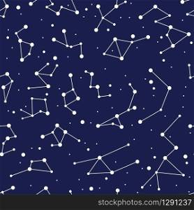 vector constellation seamless background pattern. zodiac map with stars in blue space. astronomy abstract illustration with astrological symbols. night sky constellations endless design