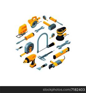 Vector construction tools isometric icons in circle shape illustration isolated in white. Vector construction tools isometric icons in circle shape illustration