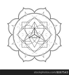 vector contour monochrome design mandala sacred geometry illustration seed of life tetrahedrons lotus isolated white background &#xA;
