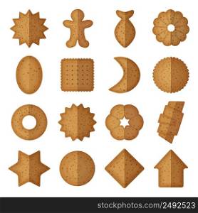 Vector cookies of different shapes. Star and gingerbread man, fish and flower, sweet crescent and house illustration. Vector cookies of different shapes. Star and gingerbread man, fish flower