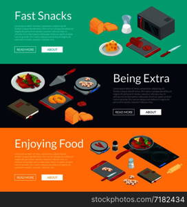Vector cooking food isometric objects horizontal web banners poster illustration. Vector cooking food isometric banners illustration. 3D meal