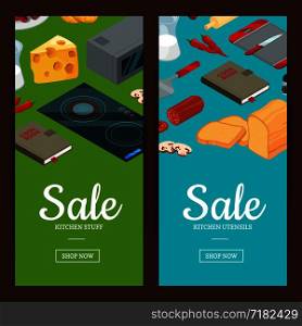 Vector cooking food isometric objects vertical web banners and poster illustration. Vector cooking food illustration