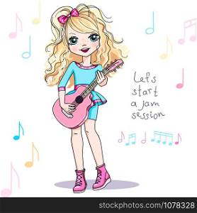 Vector cool rock star brunette baby girl musician in headphones playing guitar. I am born to sing slogan. Vector girl playing guitar
