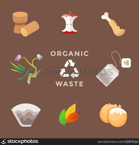 vector cork plug food stubs wilted cut plants used tea bags coffee filters eggshell recycle organic compost waste management set. recycle organic waste management set