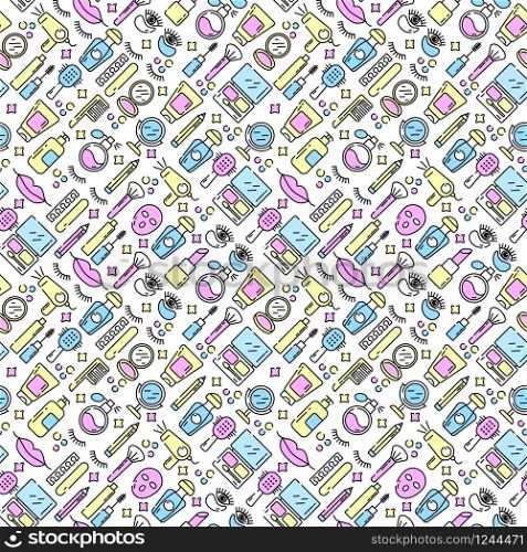 Vector cosmetics and beauty icons in trendy linear style - set of signs related to women. Vector cosmetics and beauty icons in trendy linear style - set beauty salon for women. Seamless pattern.