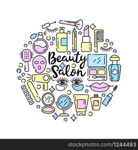 Vector cosmetics and beauty icons in trendy linear style - set of signs related to women. Vector cosmetics and beauty icons in trendy linear style - set beauty salon for women.