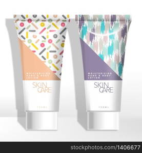 Vector Cosmetics, Skincare, Haircare Healthcare, Beauty or Medical Tube Packaging Set with pattern printed