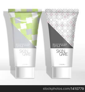 Vector Cosmetics, Skincare, Haircare Healthcare, Beauty or Medical Tube Packaging Set with pattern printed