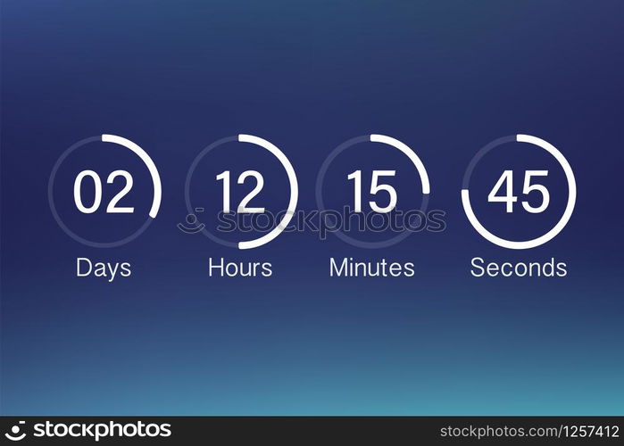 Vector countdown clock counter timer. UI app digital count down circle board meter with circle time pie diagram. Scoreboard of day, hour, minutes and seconds for web page coming soon event template. Vector countdown clock counter timer. UI app digital count down circle board meter with circle time pie diagram. Scoreboard of day, hour, minutes and seconds for web page coming soon event template.